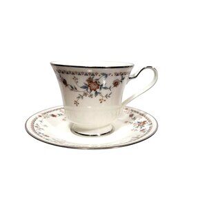 Adagio by Noritake Ivory 7237 Footed Cup Saucer Accented Formal Floral Vintage